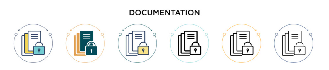 Poster - documentation icon in filled, thin line, outline and stroke style. vector illustration of two colore