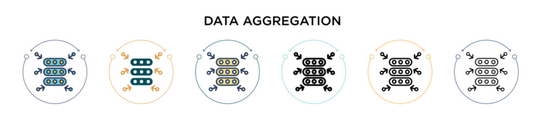 Poster - Data aggregation icon in filled, thin line, outline and stroke style. Vector illustration of two colored and black data aggregation vector icons designs can be used for mobile, ui, web