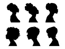 Set Vector Simple Black Silhouette Of Woman, Side View, Face And Neck Only. Female Silhouette. Women's Equality Day. International Women's Day. Set Of Womens Silhouettes Isolated On White Background
