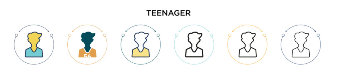 Poster - Teenager icon in filled, thin line, outline and stroke style. Vector illustration of two colored and black teenager vector icons designs can be used for mobile, ui, web