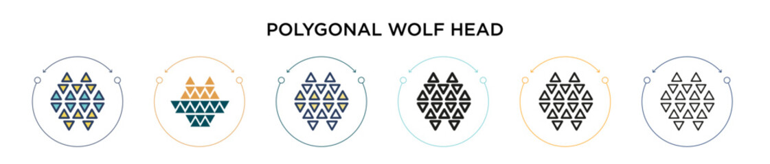 Polygonal wolf head icon in filled, thin line, outline and stroke style. Vector illustration of two colored and black polygonal wolf head vector icons designs can be used for mobile, ui, web