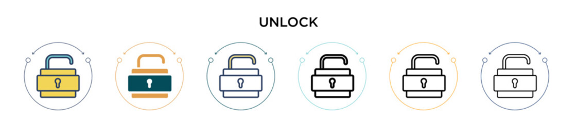 Poster - unlock icon in filled, thin line, outline and stroke style. vector illustration of two colored and b