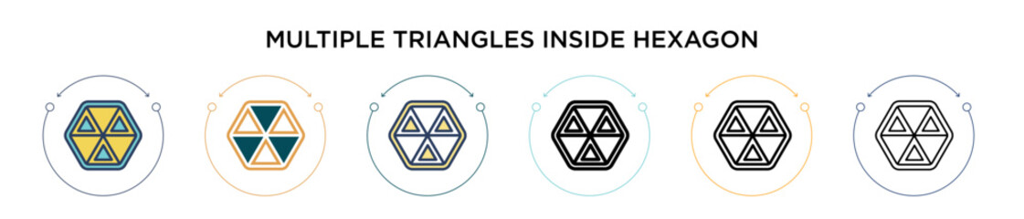 Poster - Multiple triangles inside hexagon icon in filled, thin line, outline and stroke style. Vector illustration of two colored and black multiple triangles inside hexagon vector icons designs can be used