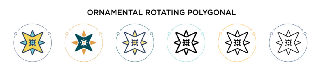 Poster - Ornamental rotating polygonal icon in filled, thin line, outline and stroke style. Vector illustration of two colored and black ornamental rotating polygonal vector icons designs can be used for