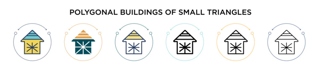 Poster - Polygonal buildings of small triangles icon in filled, thin line, outline and stroke style. Vector illustration of two colored and black polygonal buildings of small triangles vector icons designs can