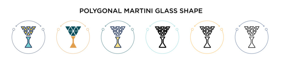 Poster - Polygonal martini glass shape icon in filled, thin line, outline and stroke style. Vector illustration of two colored and black polygonal martini glass shape vector icons designs can be used for