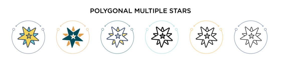 Poster - Polygonal multiple stars icon in filled, thin line, outline and stroke style. Vector illustration of two colored and black polygonal multiple stars vector icons designs can be used for mobile, ui, web