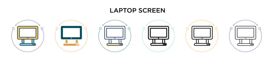 Poster - Laptop screen icon in filled, thin line, outline and stroke style. Vector illustration of two colored and black laptop screen vector icons designs can be used for mobile, ui, web