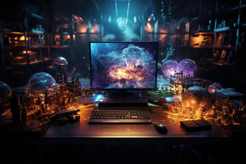 Laptop and social media technology with interface, the cloud computing concept and related hardware, Ai generative.