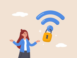 Poster - Wifi encryption concept. Wireless security or safety for internet connection, network protection or mobile access, password encryption, woman user connect to wifi network with padlock encryption.