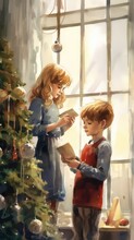 Boy And A Girl Decorate A Christmas Tree Near The Window In The Living Room.  Watercolor Vintage Illustration