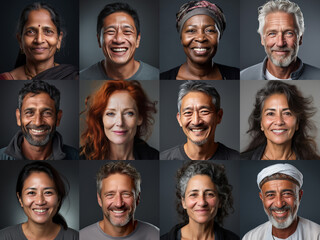 Collage of ethnically different happy people modern portraits, Success, smiling and happiness multicultural faces looking at camera, Human resource society database concept, globalization..