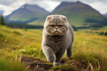 Wall Mural - Scottish cat gray hair in the wild and mountain background. Generative AI