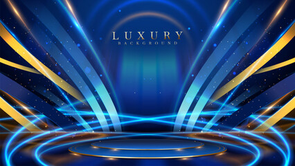 Wall Mural - empty podium golden on blue background with ribbon and light neon effects with bokeh decorations. lu