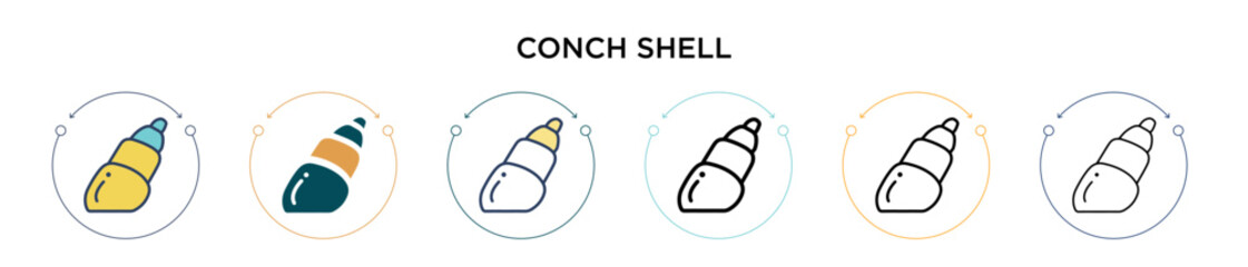 Conch shell icon in filled, thin line, outline and stroke style. Vector illustration of two colored and black conch shell vector icons designs can be used for mobile, ui, web