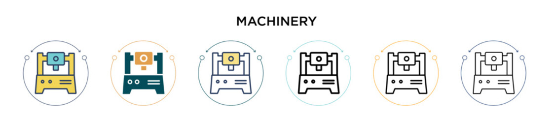 Poster - Machinery icon in filled, thin line, outline and stroke style. Vector illustration of two colored and black machinery vector icons designs can be used for mobile, ui, web