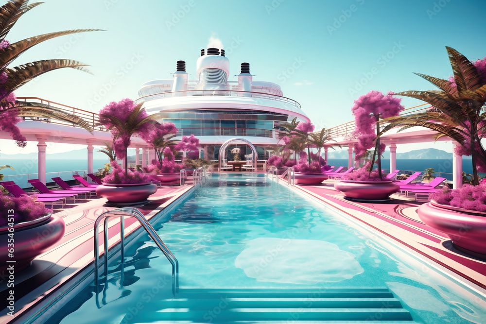 View on top deck with swimming pool on a cruise ship. Vacation on a cruise ship. Cruise. Descent on the ship.