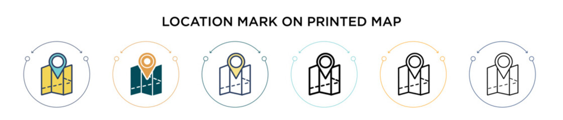 Poster - location mark on printed map icon in filled, thin line, outline and stroke style. vector illustratio