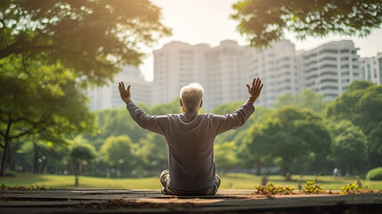 Poster - a pensioner stands in the park and stretches out his arms. enjoy life in old age, stay fit and healthy.