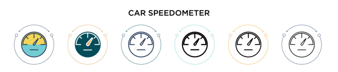 Poster - Car speedometer icon in filled, thin line, outline and stroke style. Vector illustration of two colored and black car speedometer vector icons designs can be used for mobile, ui, web