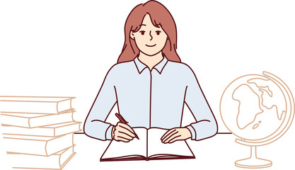 teenager girl sits at school desk with globe and books to gain new knowledge and quality education