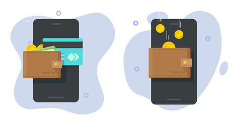 Poster - Money wallet virtual digital cashback income earnings icon vector on mobile cell phone app graphic illustration, cash transfer receive or withdraw online transaction, cellphone deposit savings image