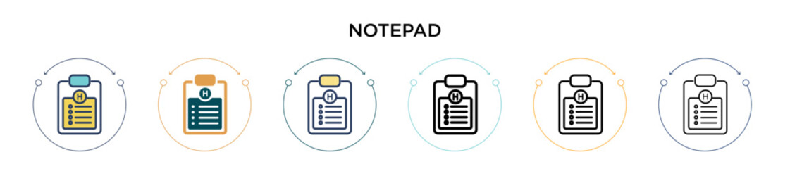 Poster - notepad icon in filled, thin line, outline and stroke style. vector illustration of two colored and 