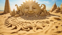 Smiling Sun Face Framed In The Beach Sand, Leisure And Tourism Concept. Generative AI