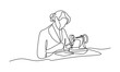 Woman Using Sewing Machine Oneline Continuous Single Line Art