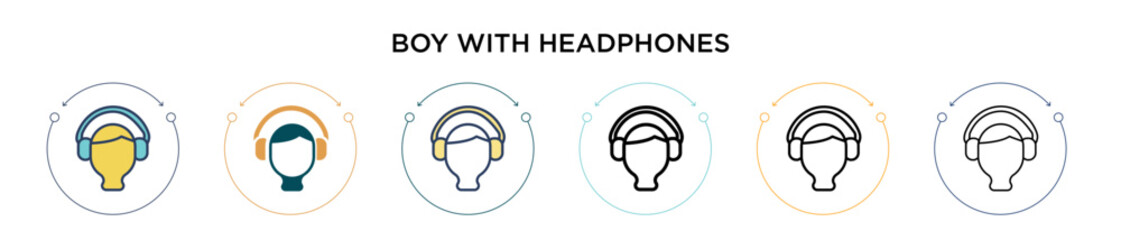 Poster - boy with headphones icon in filled, thin line, outline and stroke style. vector illustration of two 