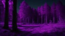 A Purple Forest With Trees And A Night Sky Under The Bright Purple Glow.
