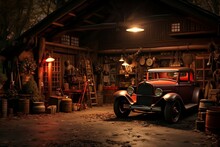 Old Garage Or Shed With A Vintage Car: An Old Automotive Scene, Generative Ai