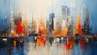 Abstract Painting of Urban Skyscrapers in the City Landscape. Vibrant Art View of Architecture in Downtown with Tower Buildings in the Background. Generative AI
