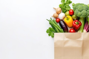 Wall Mural - Paper bag with vegetables and fruits on white background