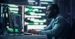 © Gorodenkoff - Focused Black Male Programmer Working in Monitoring Room, Surrounded by Big Screens Displaying Lines of Programming Language Code. Portrait of Man Creating Software. Futuristic Coding Concept.