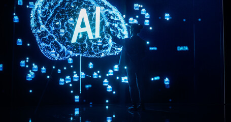 Fototapete - Back View of a Woman Holding Laptop Computer, Standing in Front of Big Digital Screen with AI Neural Network 3D Visualization. Professional Data Scientists Activating Artificial Inteligence System