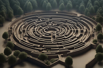 3D concept of a maze in the forest from which it is difficult to escape