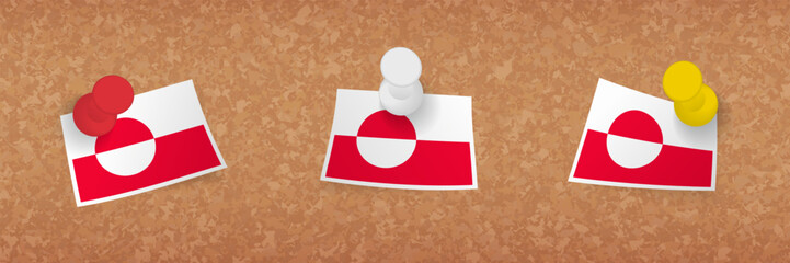 Sticker - Greenland flag pinned in cork board, three versions of Greenland flag.