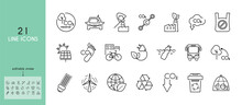 Carbon Neutral Line Icon Set. Capture And Storage, Electric Car, Molecule, Ocean Pollution, Bicycle, Cage, Solar Panel, Rubbish Bin, Bus, Public Transport. Outline Sing.