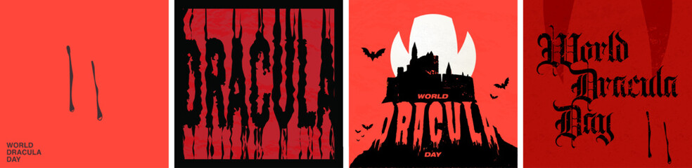 World Dracula Day Poster Set. Minimalist Vampire bite with dripping blood, Dracula typographic design, silhouette of Dracula's castle and moon with vampire fangs. Vector Illustration. EPS 10

