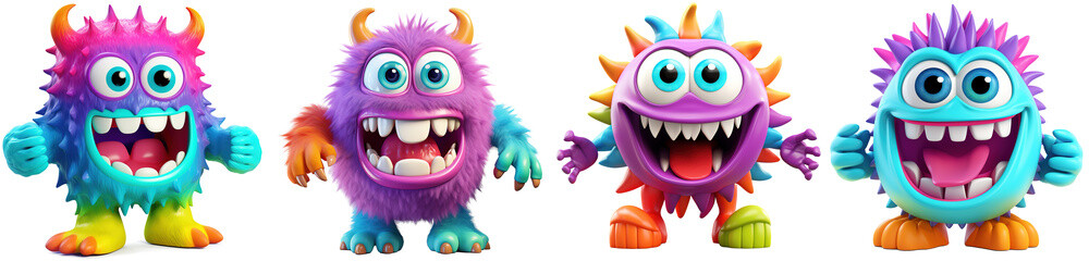 Sticker - Colorful sneaky and cute monster with quills dancing and waving 3D render character cartoon style Isolated on transparent background