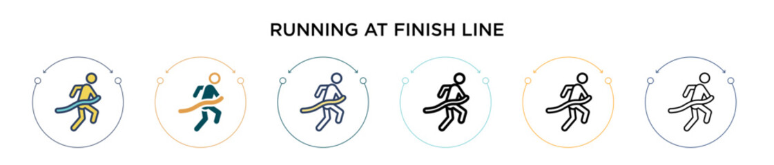 Poster - Running at finish line icon in filled, thin line, outline and stroke style. Vector illustration of two colored and black running at finish line vector icons designs can be used for mobile, ui, web