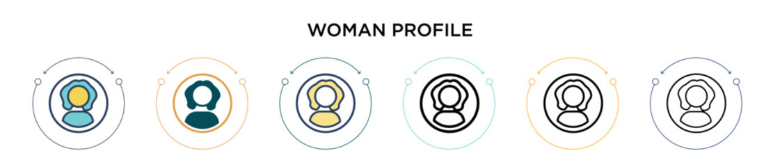 Poster - woman profile icon in filled, thin line, outline and stroke style. vector illustration of two colore