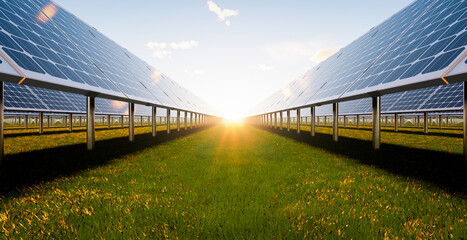 3d rendering of solar farm, field or solar power plant consist of photovoltaic cell in panel, landscape. Industry and technology for electric, electricity generation. Clean green power energy.
