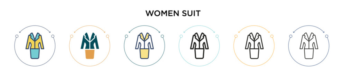 Poster - Women suit icon in filled, thin line, outline and stroke style. Vector illustration of two colored and black women suit vector icons designs can be used for mobile, ui, web