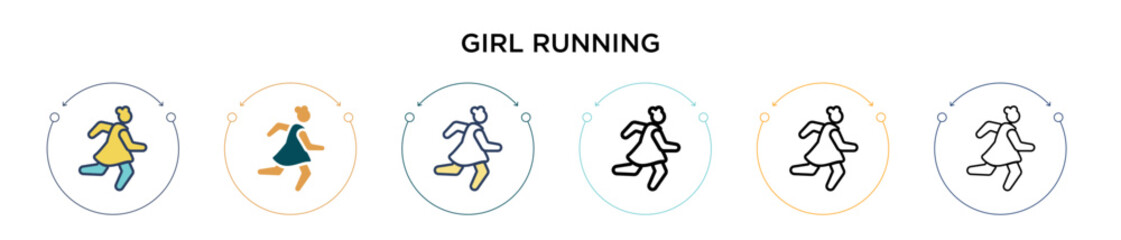 Poster - Girl running icon in filled, thin line, outline and stroke style. Vector illustration of two colored and black girl running vector icons designs can be used for mobile, ui, web