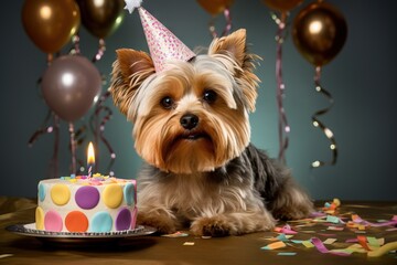 Wall Mural - a dog with a cake in a festive hat, food on the table, a home holiday