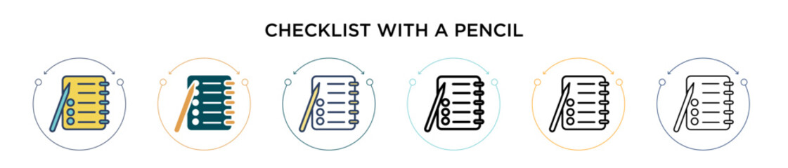 Poster - Checklist with a pencil icon in filled, thin line, outline and stroke style. Vector illustration of two colored and black checklist with a pencil vector icons designs can be used for mobile, ui, web