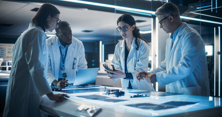 Poster - Team of Tech Scientists Having a Group Meeting in a Research and Development Facility at a Robot Manufacturing Factory. Engineers Examining an Innovative Robotic Bionic Hand Concept