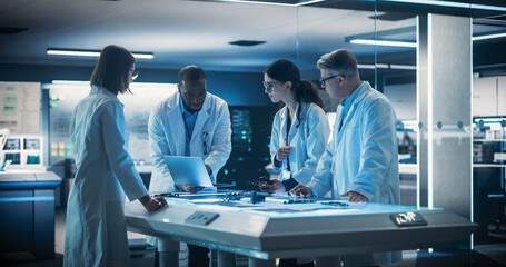 Poster - Portrait of Group of Industrial Robotics Engineers Working on a Humanoid Robot, Consulting with Specialists and Analyzing Electronic Components. Female Scientist Having a Meeting with Her Team